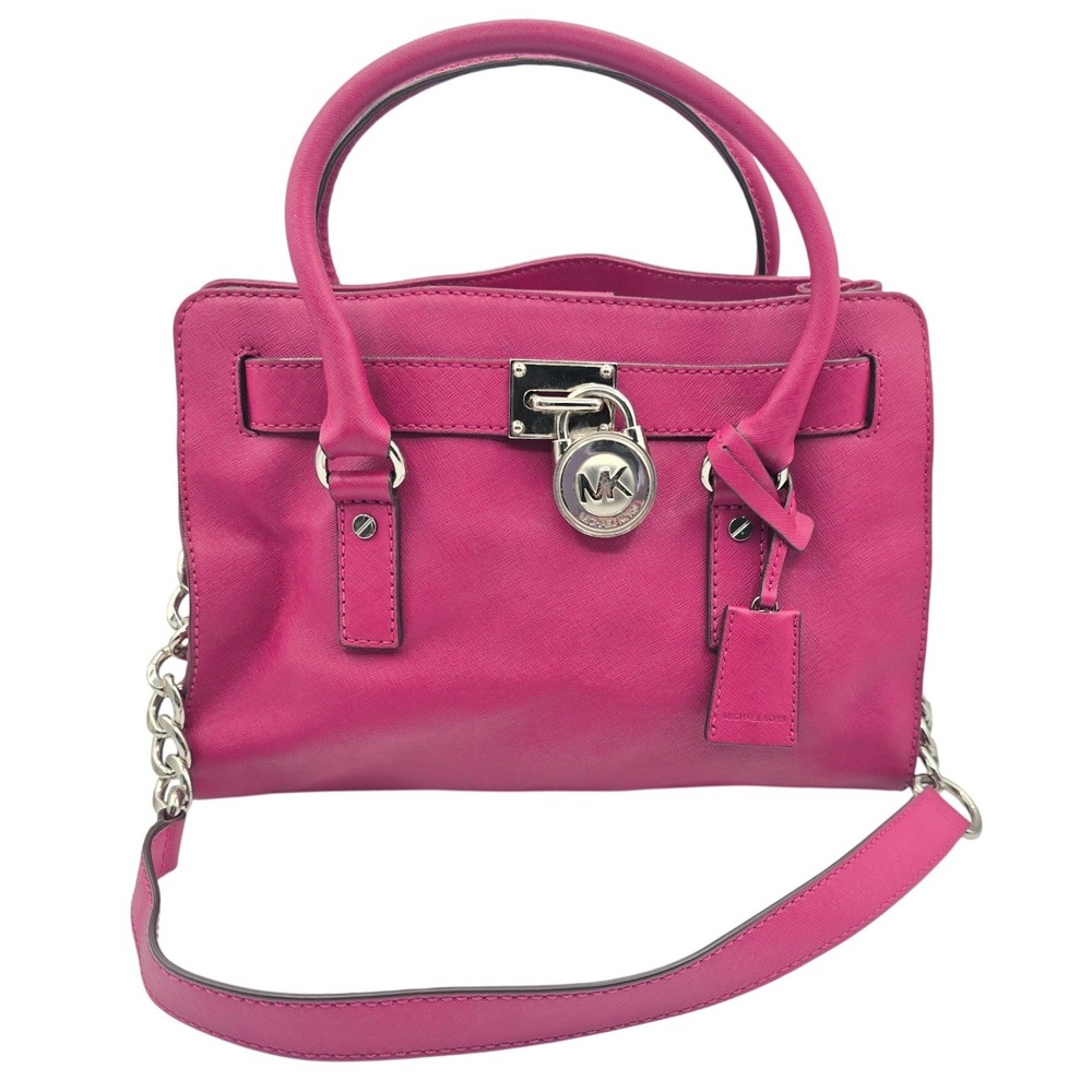 Michael Kors Hamilton Fuchsia Pink Saffiano Leather Satchel Lock Crossbody Bag